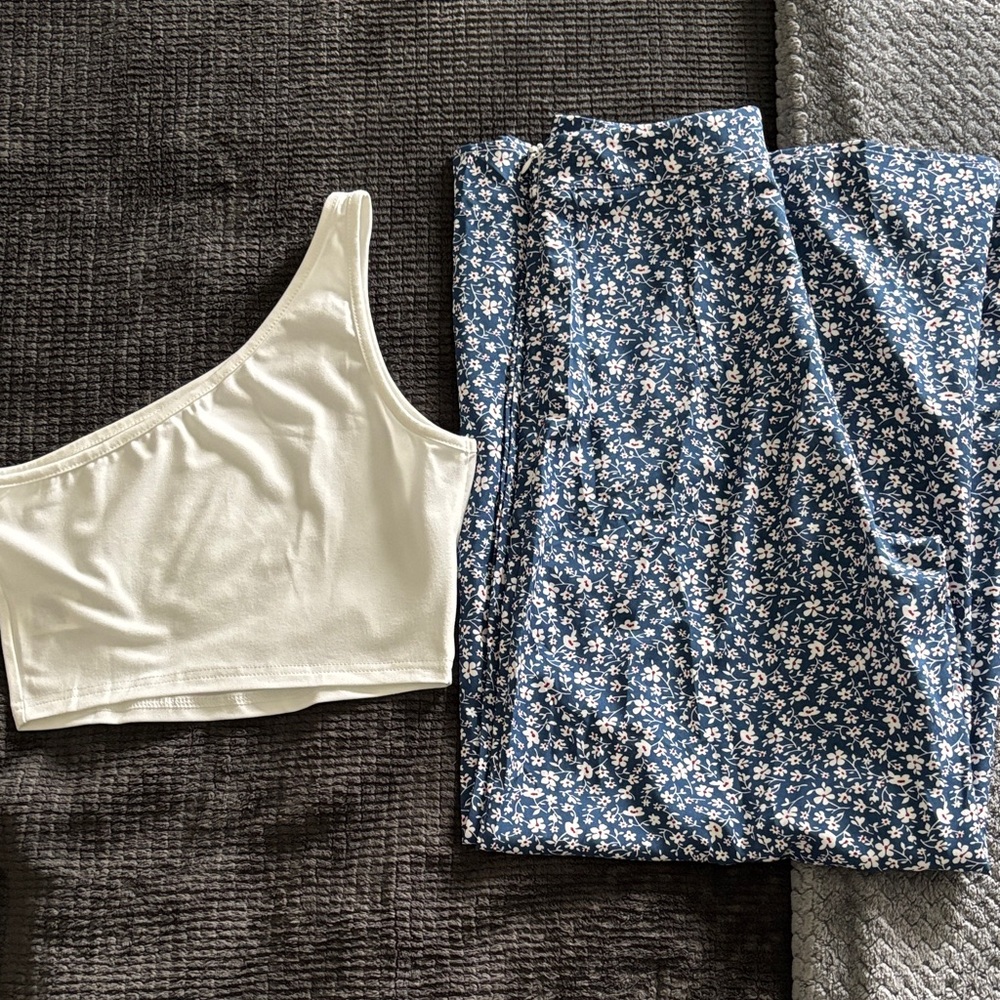 SHEIN One-Shoulder Cream Top and Blue Floral Wide Leg Pants